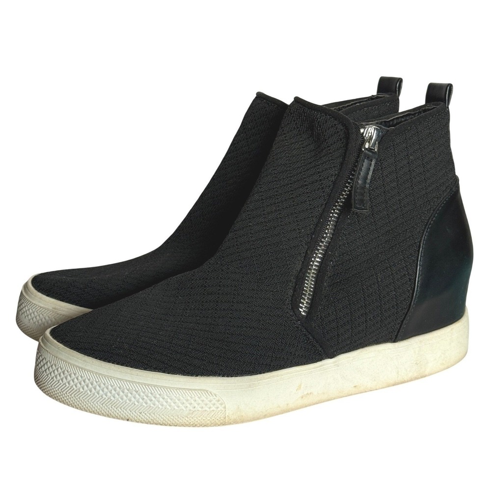 Steve Madden Loxley Wedge Sneaker Booties Side Zip Leather Knit Womens 9.5 Black